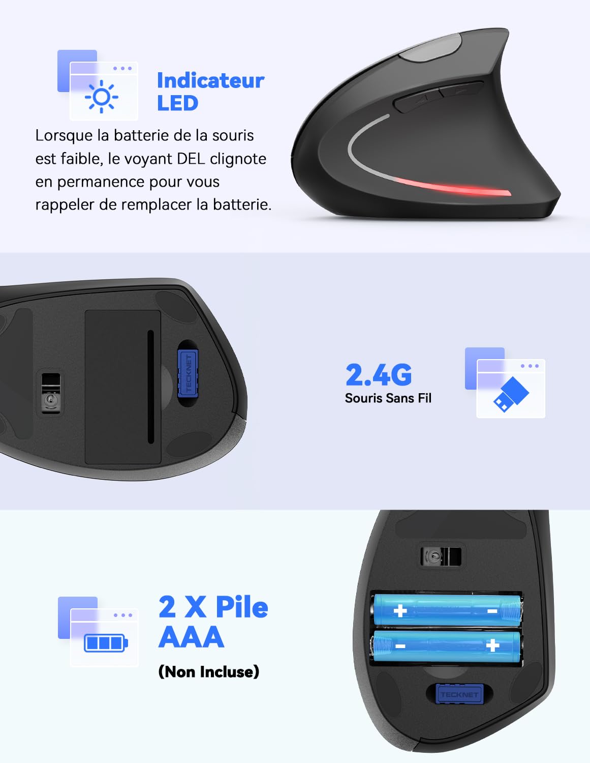 TECKNET Souris Verticale, 4800 DPI Souris sans Fil Ergonomique, Protège Le Bras, Souris sans Fil 6 Boutons pour PC, Ordinateur Portable, Mac, Rose