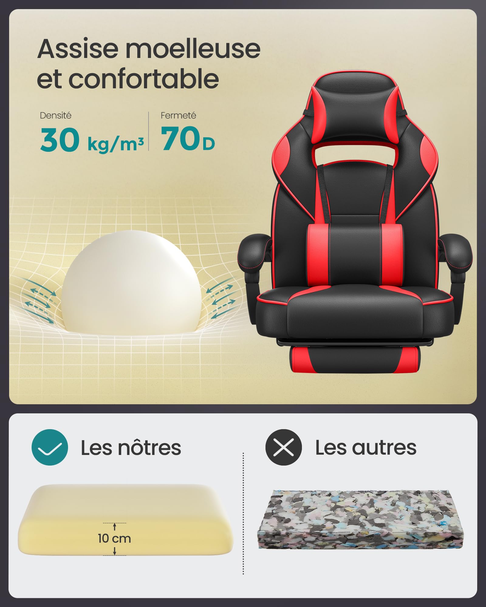 SONGMICS Fauteuil de Bureau Gaming OBG073B03 – Ergonomique, Repose-pieds, Appui-tête, 150 kg