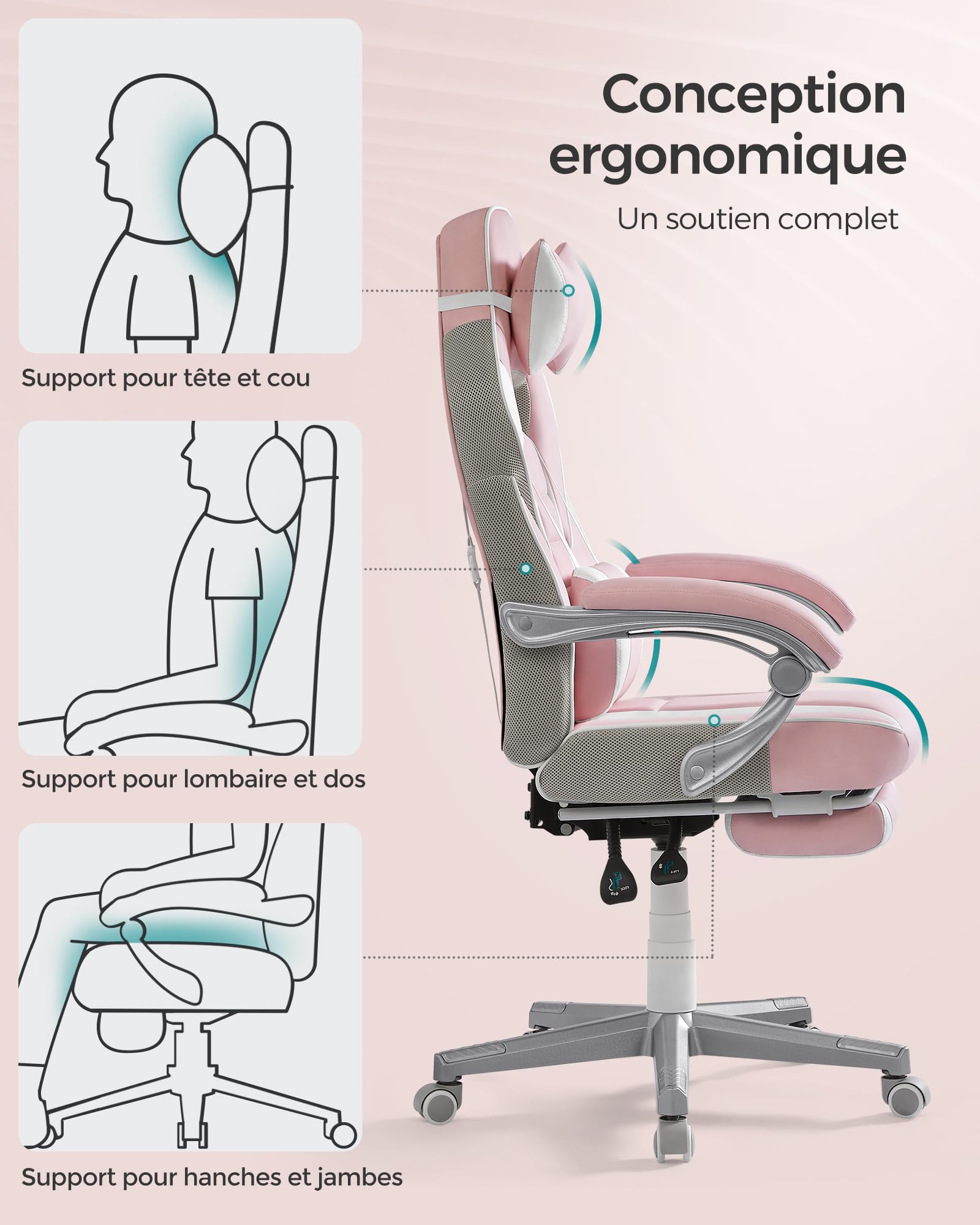 SONGMICS Fauteuil de Bureau Gaming OBG073B03 – Ergonomique, Repose-pieds, Appui-tête, 150 kg
