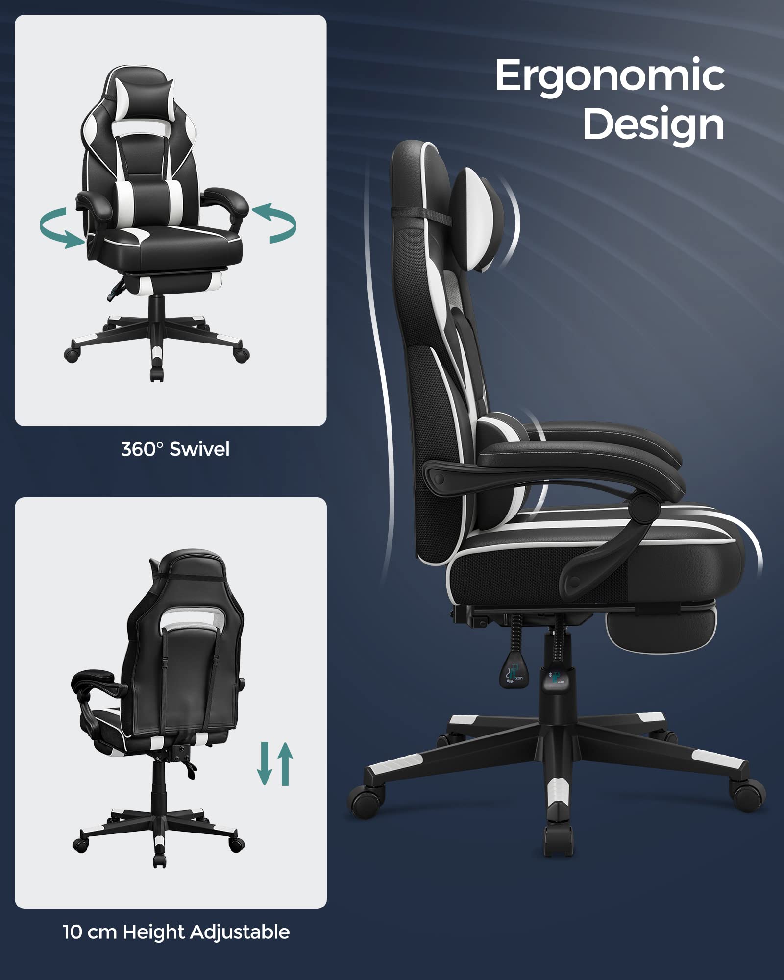 SONGMICS Fauteuil de Bureau Gaming OBG073B03 – Ergonomique, Repose-pieds, Appui-tête, 150 kg