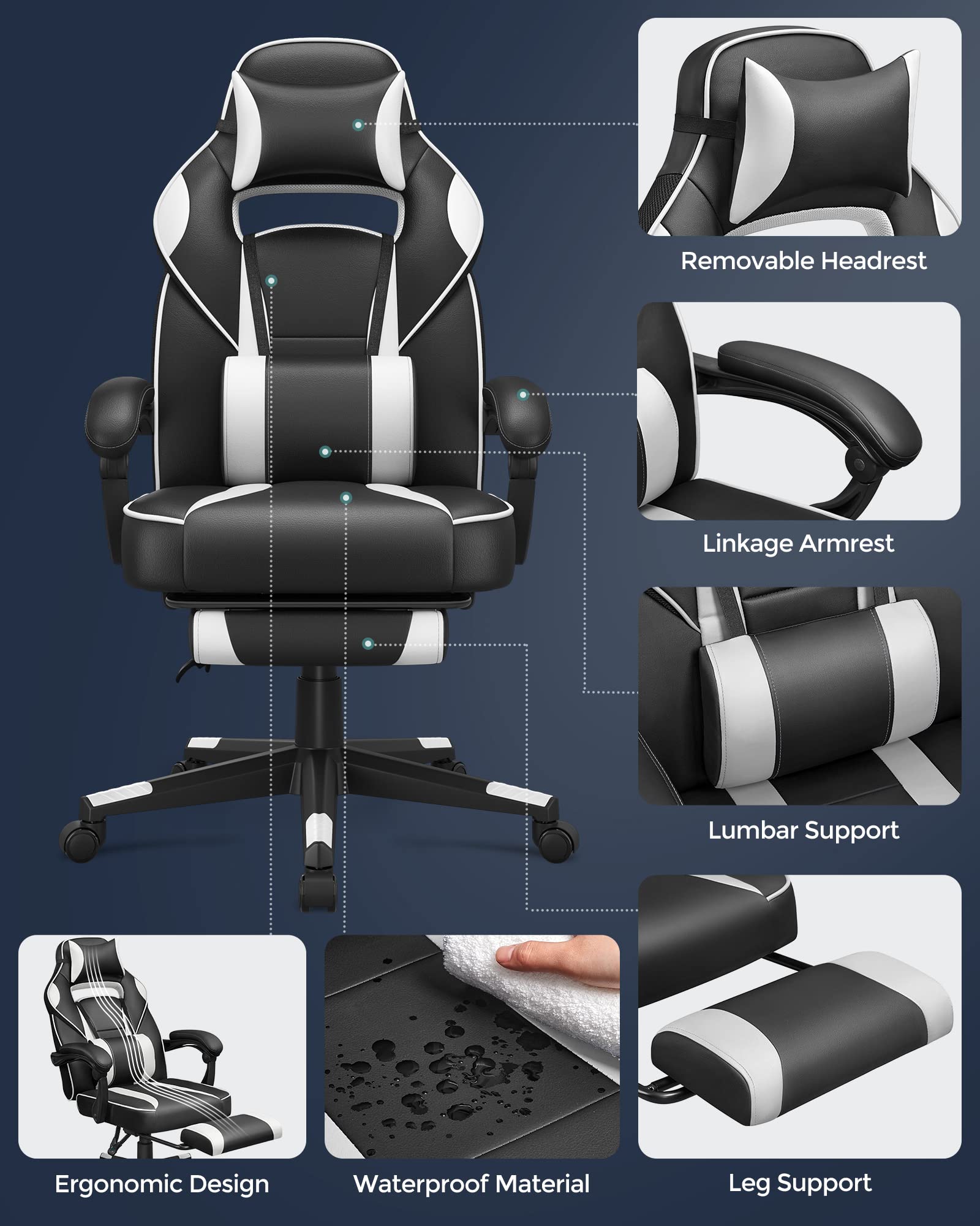 SONGMICS Fauteuil de Bureau Gaming OBG073B03 – Ergonomique, Repose-pieds, Appui-tête, 150 kg
