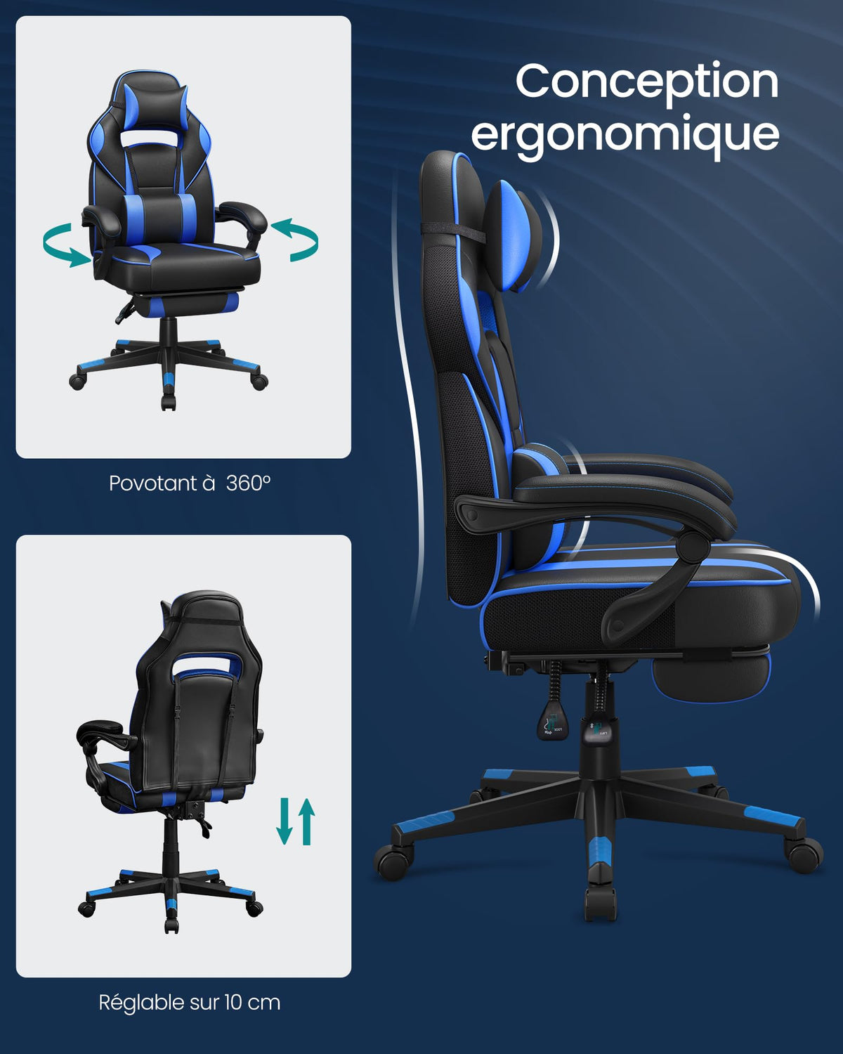 SONGMICS Fauteuil de Bureau Gaming OBG073B03 – Ergonomique, Repose-pieds, Appui-tête, 150 kg