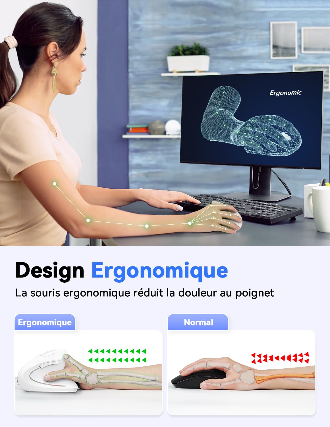 TECKNET Souris Verticale, 4800 DPI Souris sans Fil Ergonomique, Protège Le Bras, Souris sans Fil 6 Boutons pour PC, Ordinateur Portable, Mac, Rose