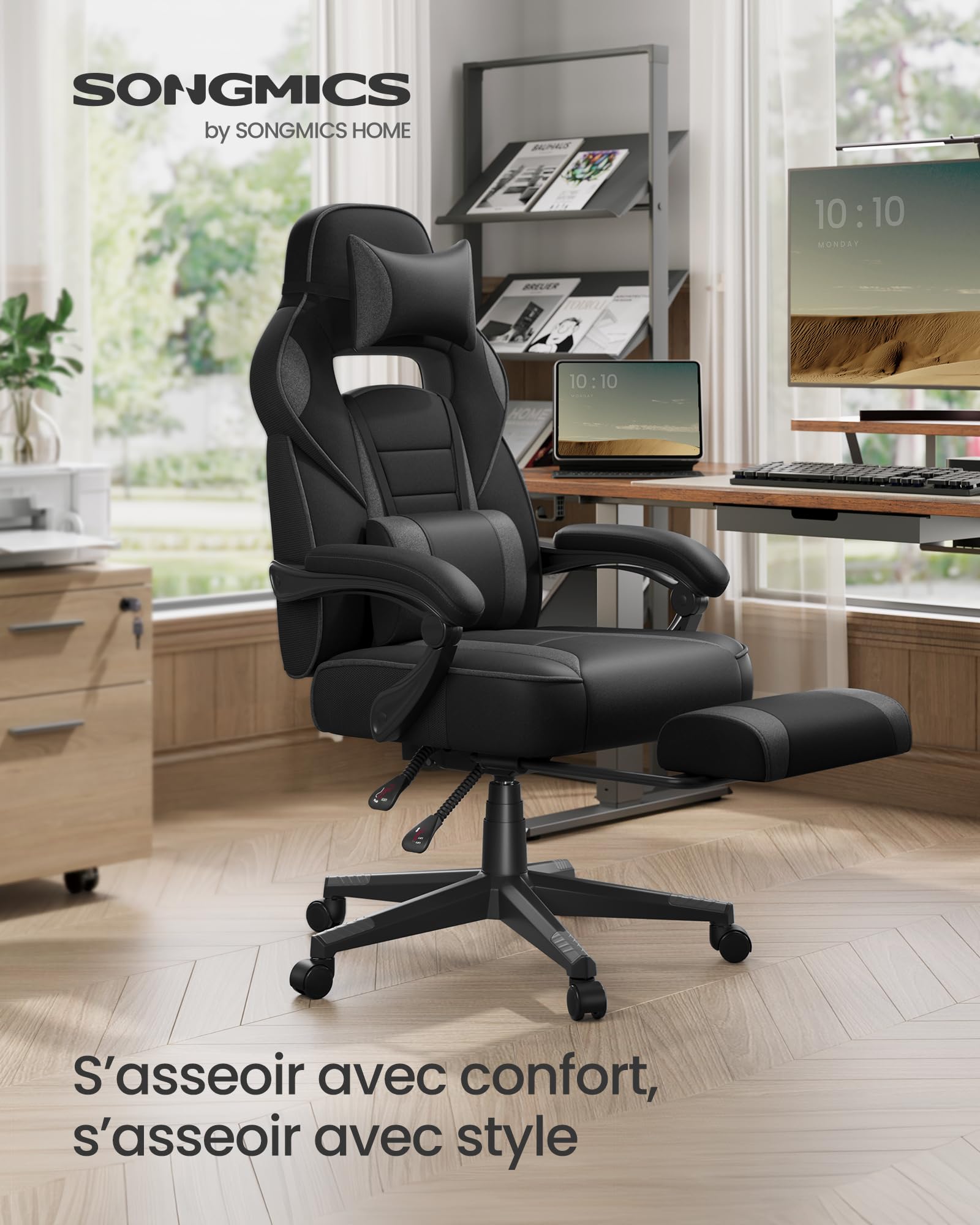 SONGMICS Fauteuil de Bureau Gaming OBG073B03 – Ergonomique, Repose-pieds, Appui-tête, 150 kg