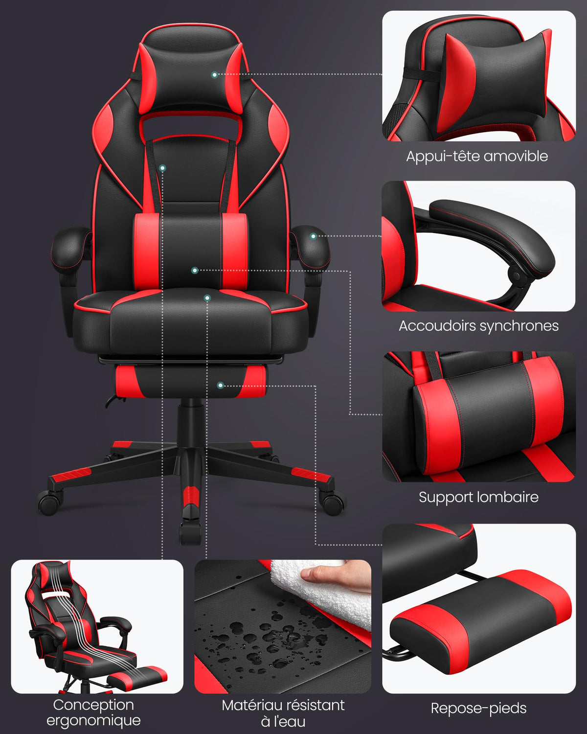 SONGMICS Fauteuil de Bureau Gaming OBG073B03 – Ergonomique, Repose-pieds, Appui-tête, 150 kg