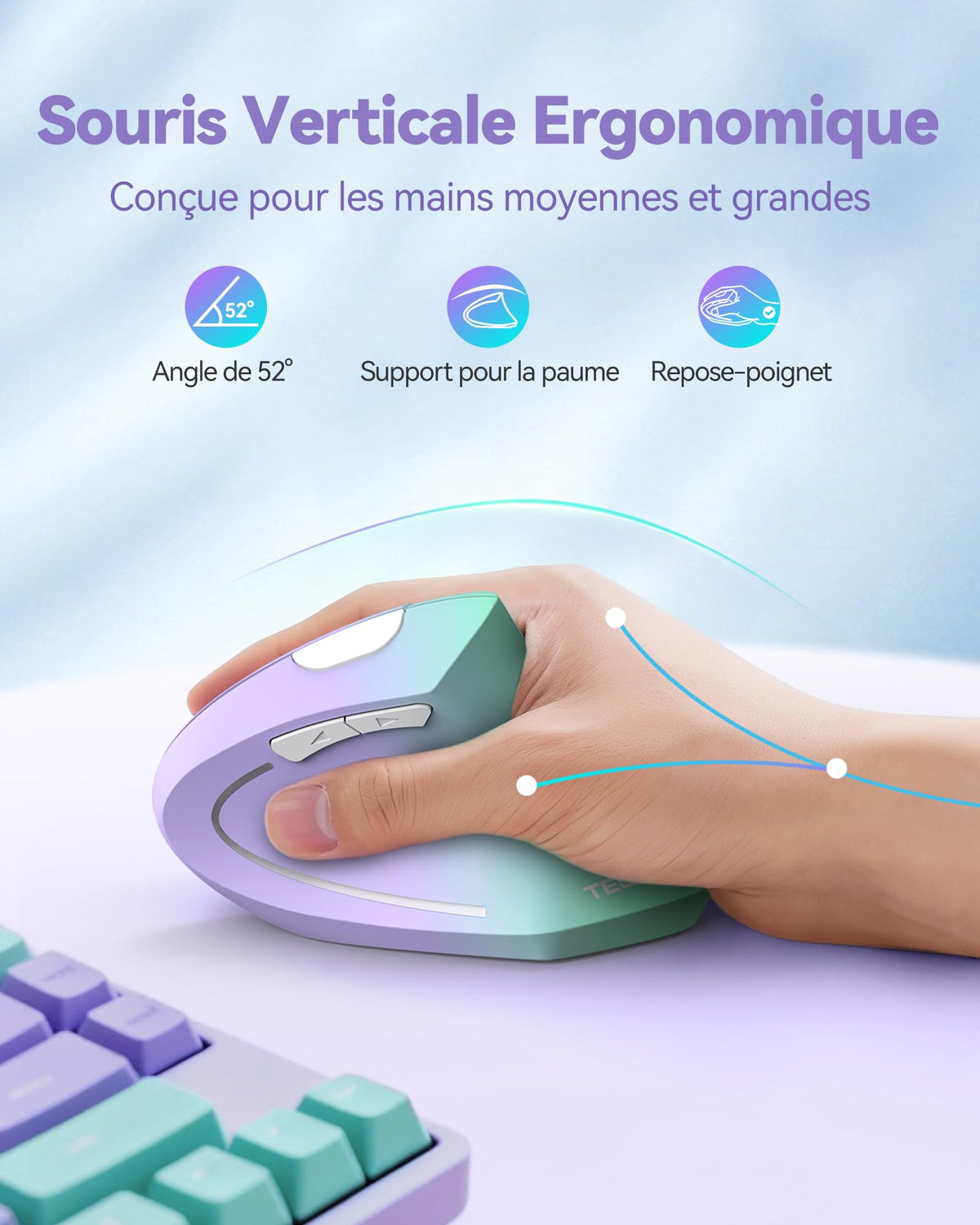 TECKNET Souris Verticale, 4800 DPI Souris sans Fil Ergonomique, Protège Le Bras, Souris sans Fil 6 Boutons pour PC, Ordinateur Portable, Mac, Rose