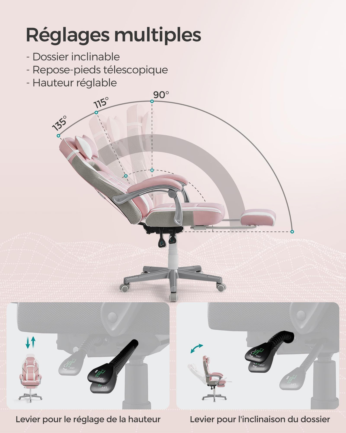 SONGMICS Fauteuil de Bureau Gaming OBG073B03 – Ergonomique, Repose-pieds, Appui-tête, 150 kg