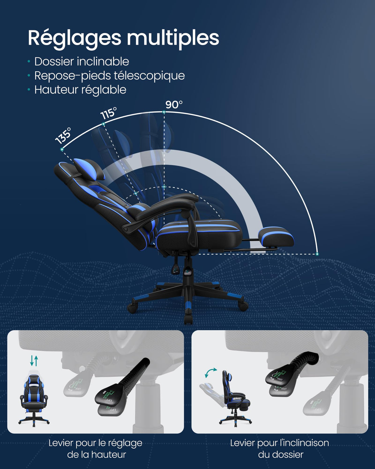 SONGMICS Fauteuil de Bureau Gaming OBG073B03 – Ergonomique, Repose-pieds, Appui-tête, 150 kg