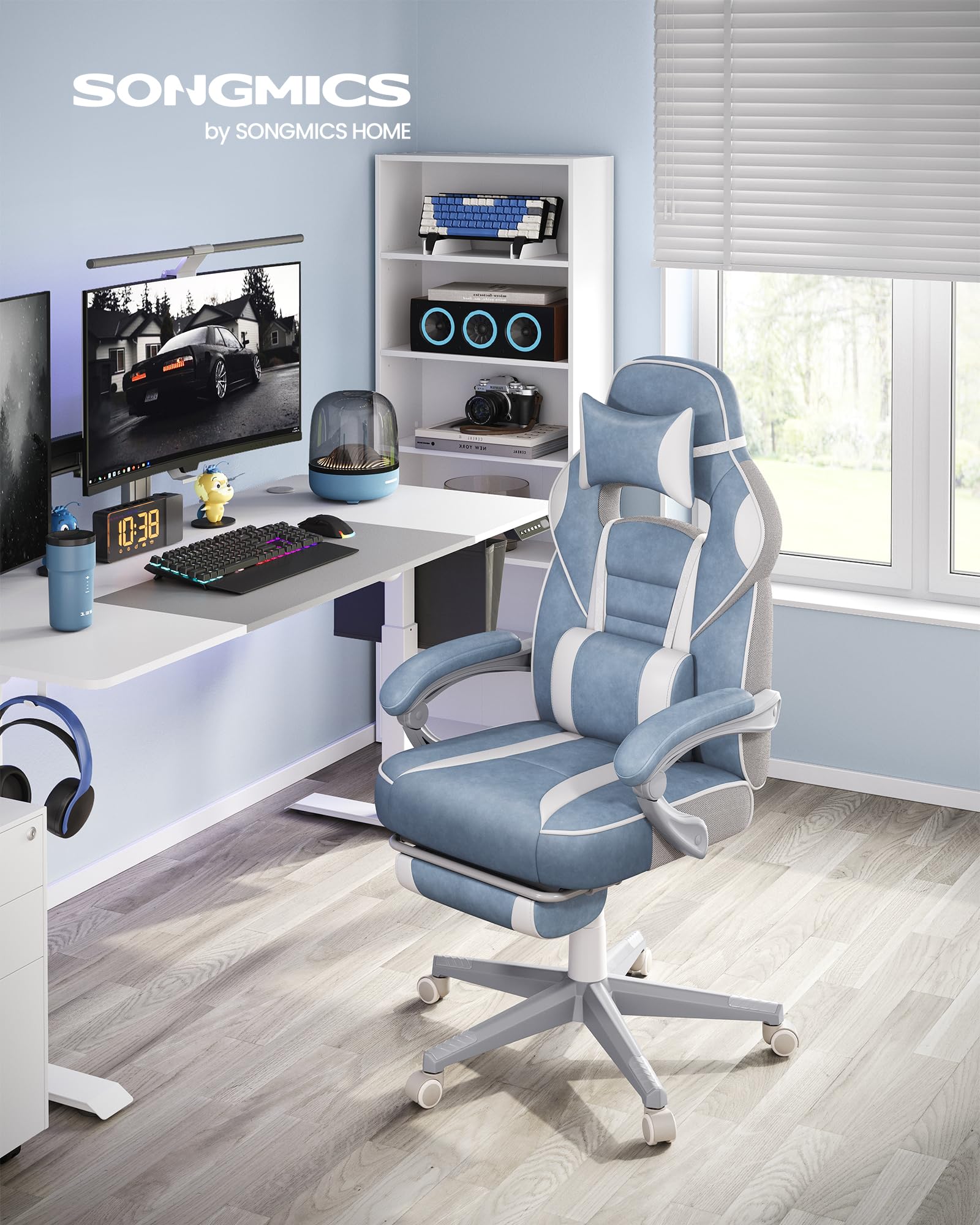 SONGMICS Fauteuil de Bureau Gaming OBG073B03 – Ergonomique, Repose-pieds, Appui-tête, 150 kg