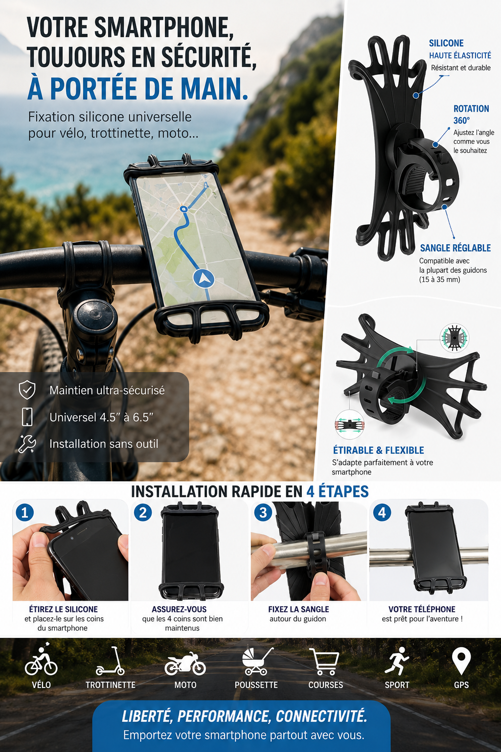 Support Smartphone Vélo Universel – Rotation 360° & Fixation Ultra Sécurisée