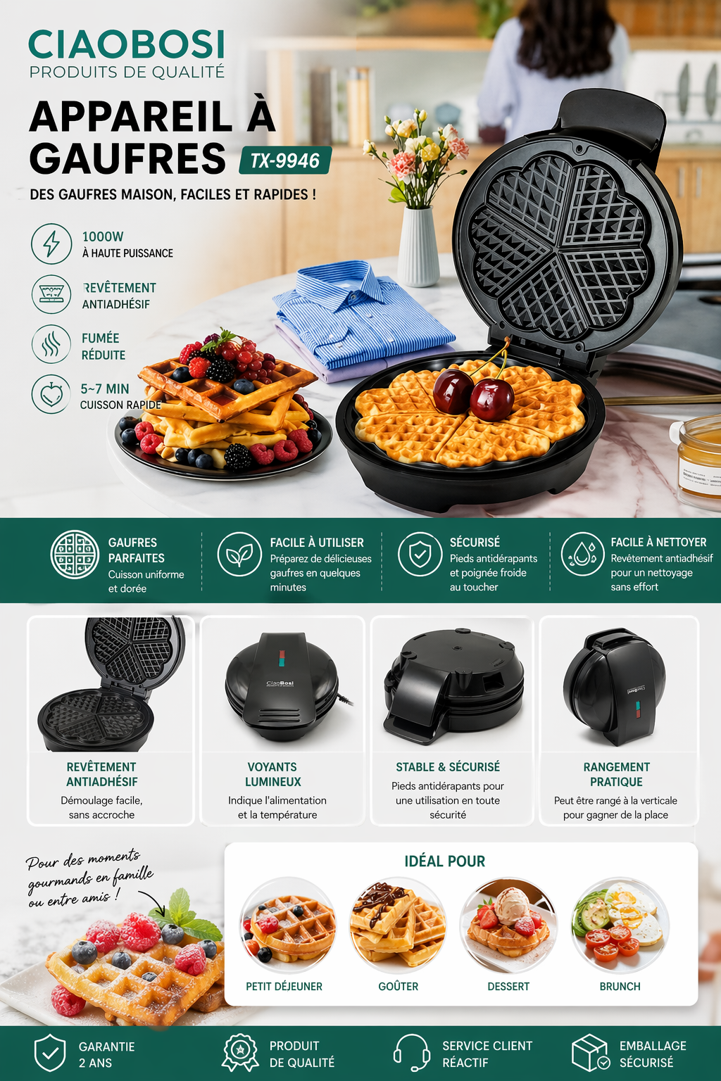 Gaufrier CiaoBosi TX-9946 – Appareil à Gaufres Antiadhésif, Cuisson Rapide 5-7 min, Voyants Lumineux, Pieds Antidérapants, Compact et Facile à Nettoyer – Idéal Petit Déjeuner & Dessert