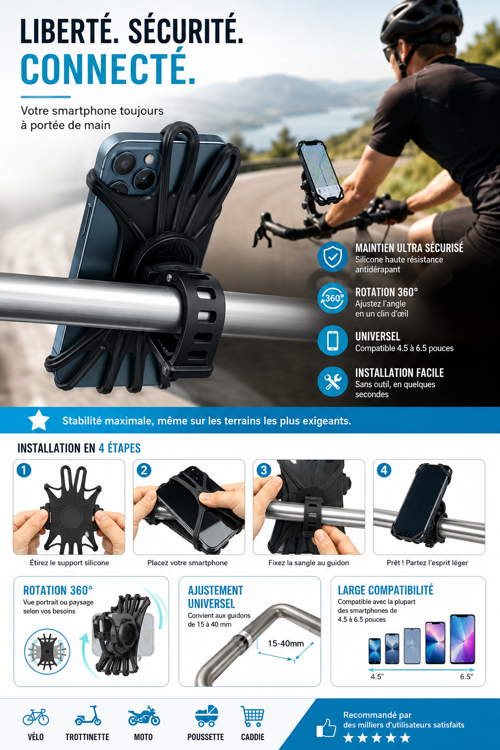Support Smartphone Vélo Universel – Rotation 360° & Fixation Ultra Sécurisée