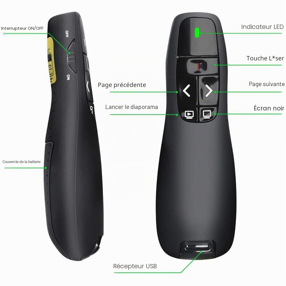 Présentateur Sans Fil 2,4 GHz – Pointeur Laser, 5 Boutons, 100 m, Plug & Play – PowerPoint, Google Slides, Keynote, PC & Mac
