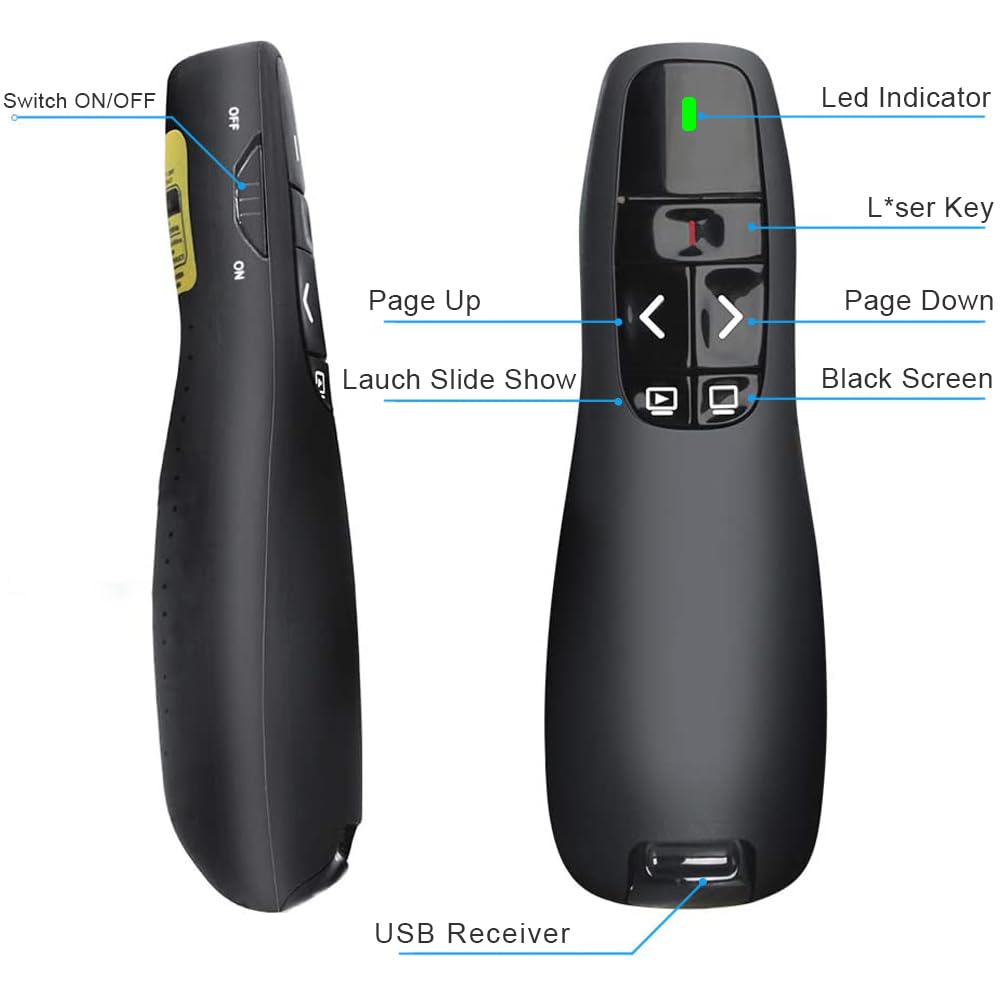 Présentateur Sans Fil 2,4 GHz – Pointeur Laser, 5 Boutons, 100 m, Plug & Play – PowerPoint, Google Slides, Keynote, PC & Mac