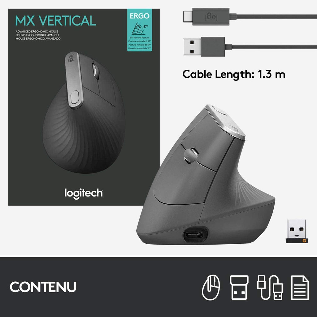Logitech MX Vertical – Souris Ergonomique Sans Fil Bluetooth & 2,4 GHz, 4000 PPP, Graphite
