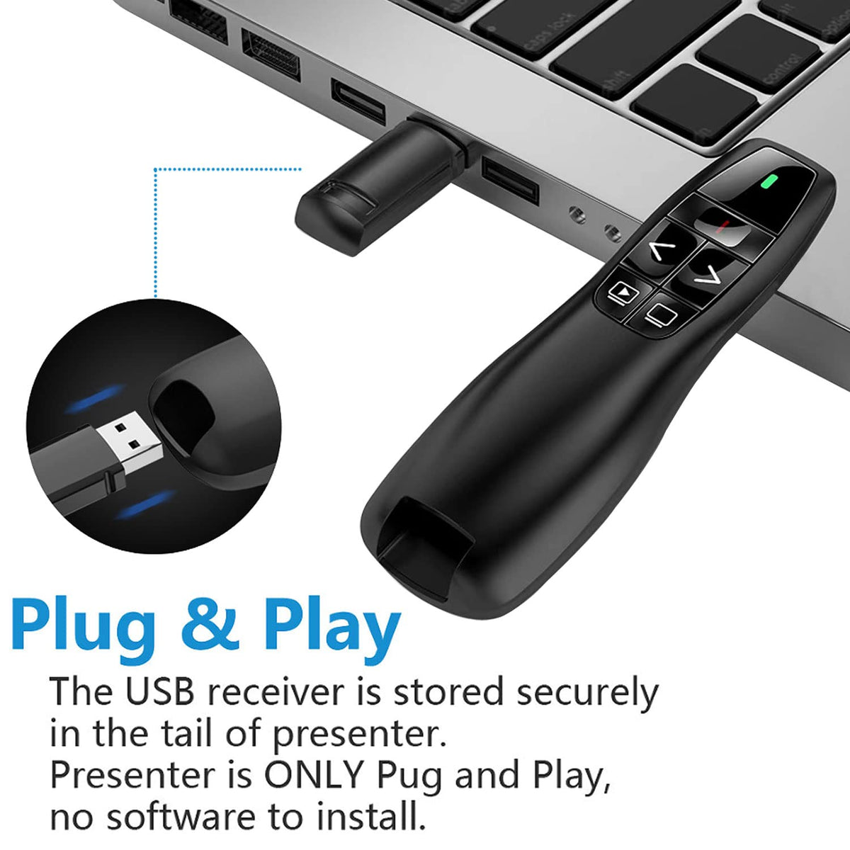 Présentateur Sans Fil 2,4 GHz – Pointeur Laser, 5 Boutons, 100 m, Plug & Play – PowerPoint, Google Slides, Keynote, PC & Mac