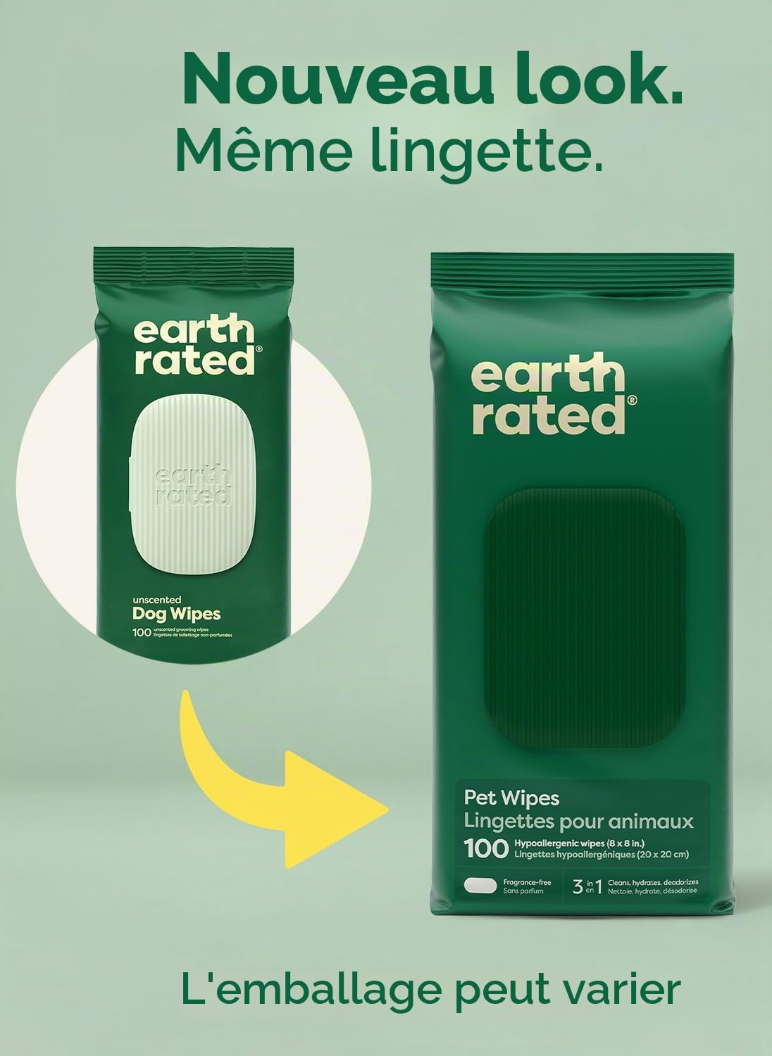 Earth Rated Lingettes hypoallergéniques pour Chiens, nettoyantes et Anti-odeurs, pour Pattes, Corps et arrière-Train, parfaites pour Chiots et Chiens Adultes, sans Parfum, 100 lingettes