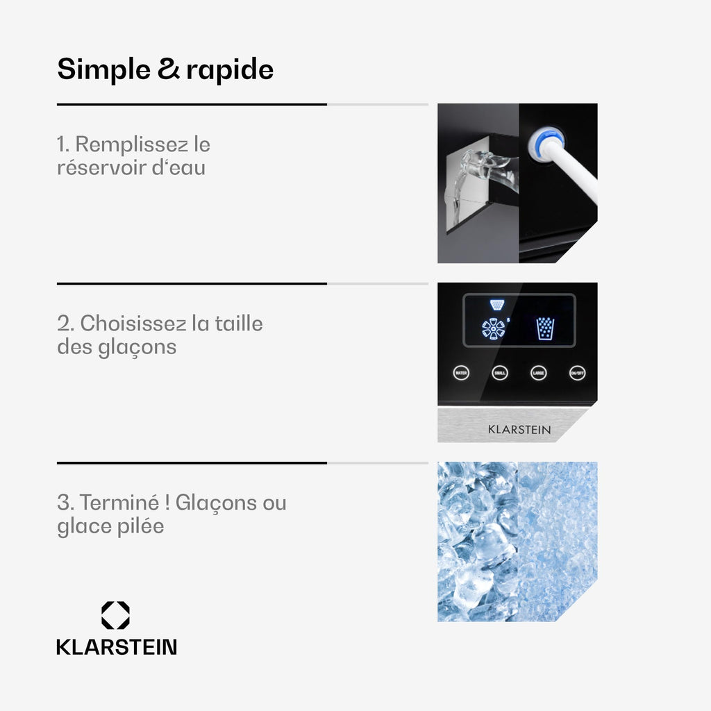 Klarstein Eiszeit Crush Machine à Glaçons Argent – réservoir 1,8 L, 15 kg/24 h, glaçons en 12 min, ~16/cycle | Glace pilée, écran tactile, alarmes