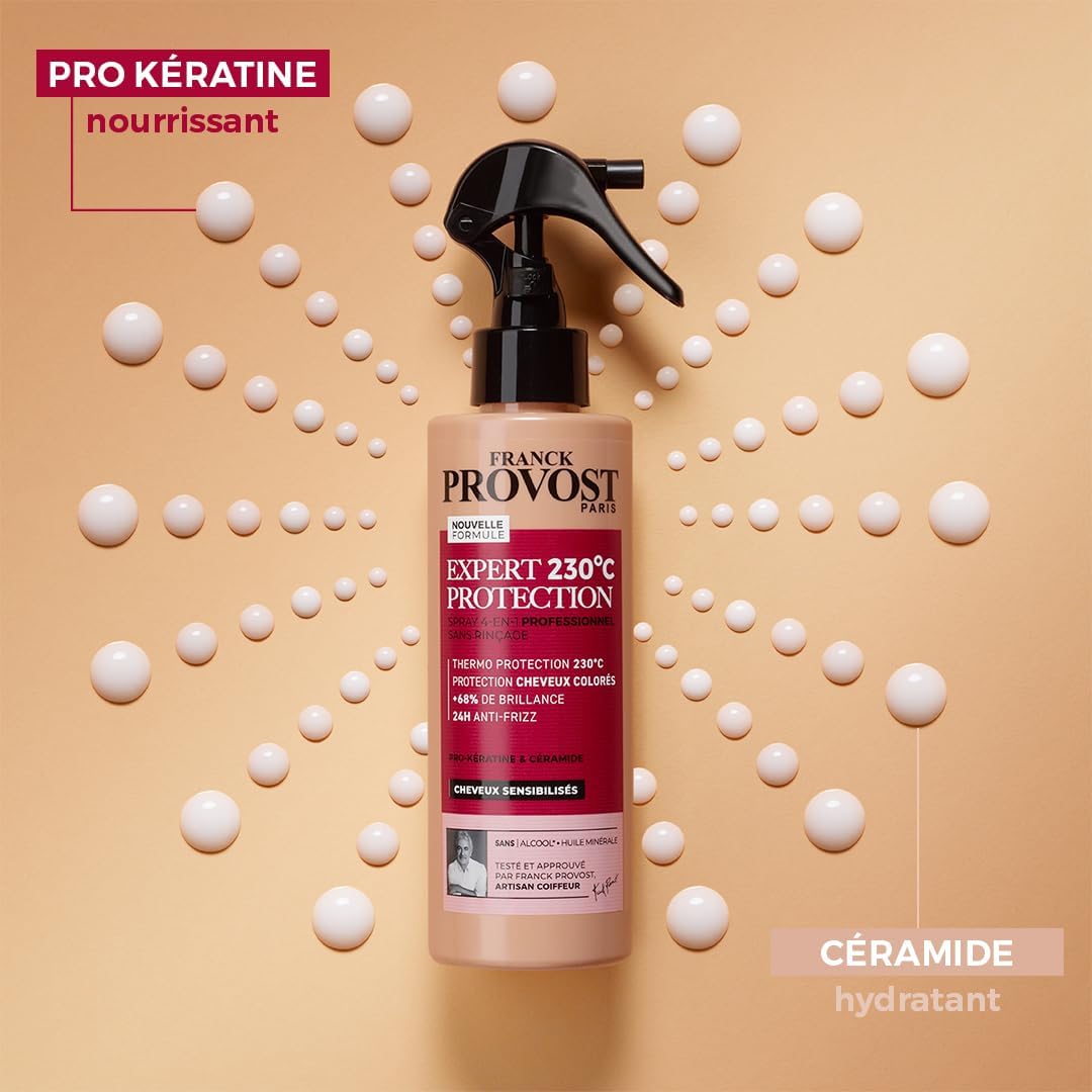 Franck Provost Soin 4-en-1 Sans Rinçage Protection Chaleur 230°C 190ml | Pro-Kératine et Céramide, +68% brillance, Action 24h anti-frizz, Sans alcool éthylique ni huile minérale