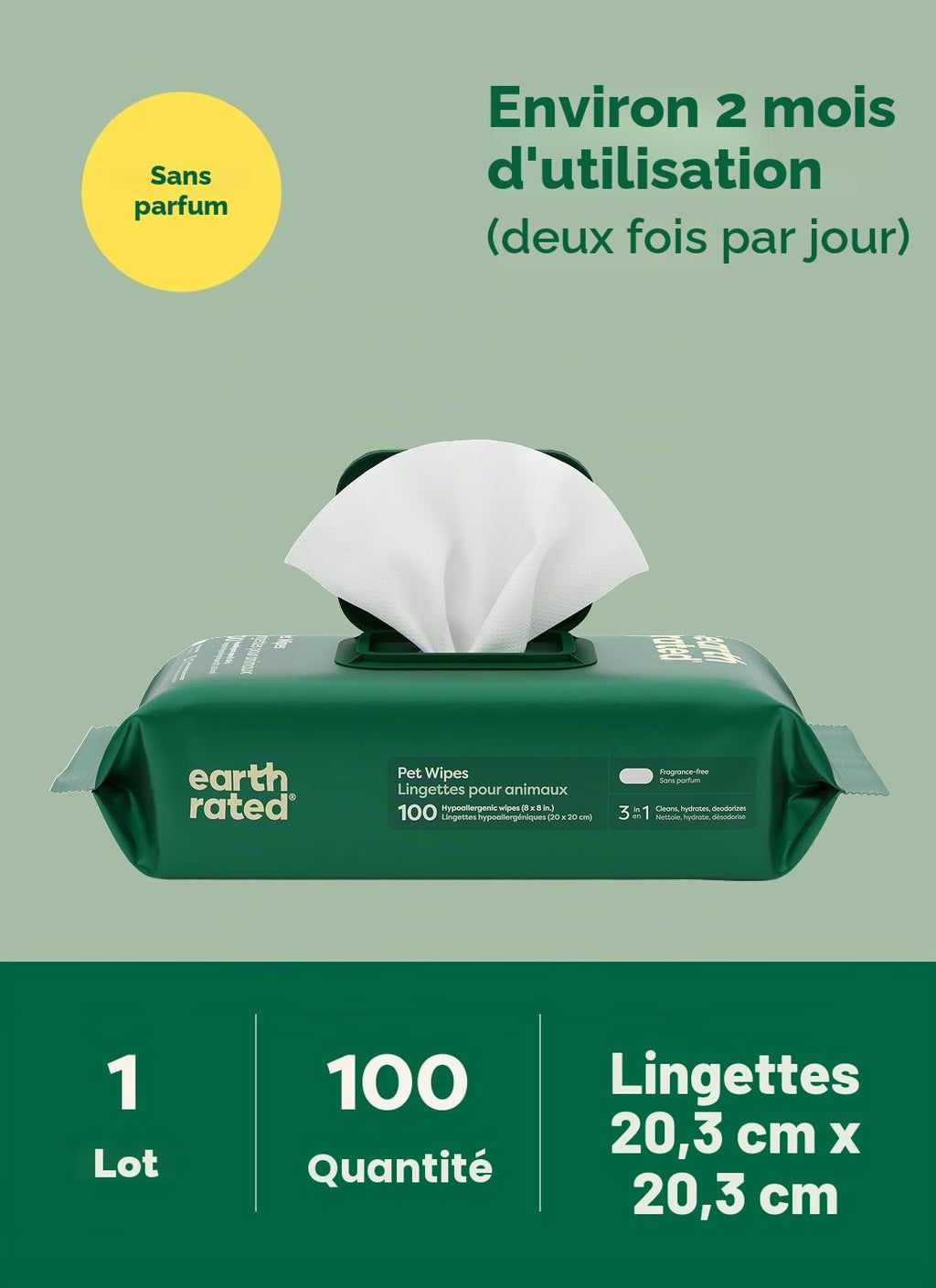 Earth Rated Lingettes hypoallergéniques pour Chiens, nettoyantes et Anti-odeurs, pour Pattes, Corps et arrière-Train, parfaites pour Chiots et Chiens Adultes, sans Parfum, 100 lingettes