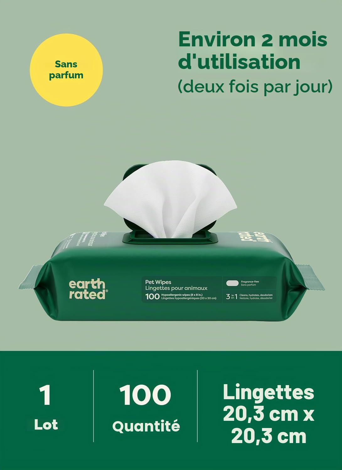 Earth Rated Lingettes hypoallergéniques pour Chiens, nettoyantes et Anti-odeurs, pour Pattes, Corps et arrière-Train, parfaites pour Chiots et Chiens Adultes, sans Parfum, 100 lingettes
