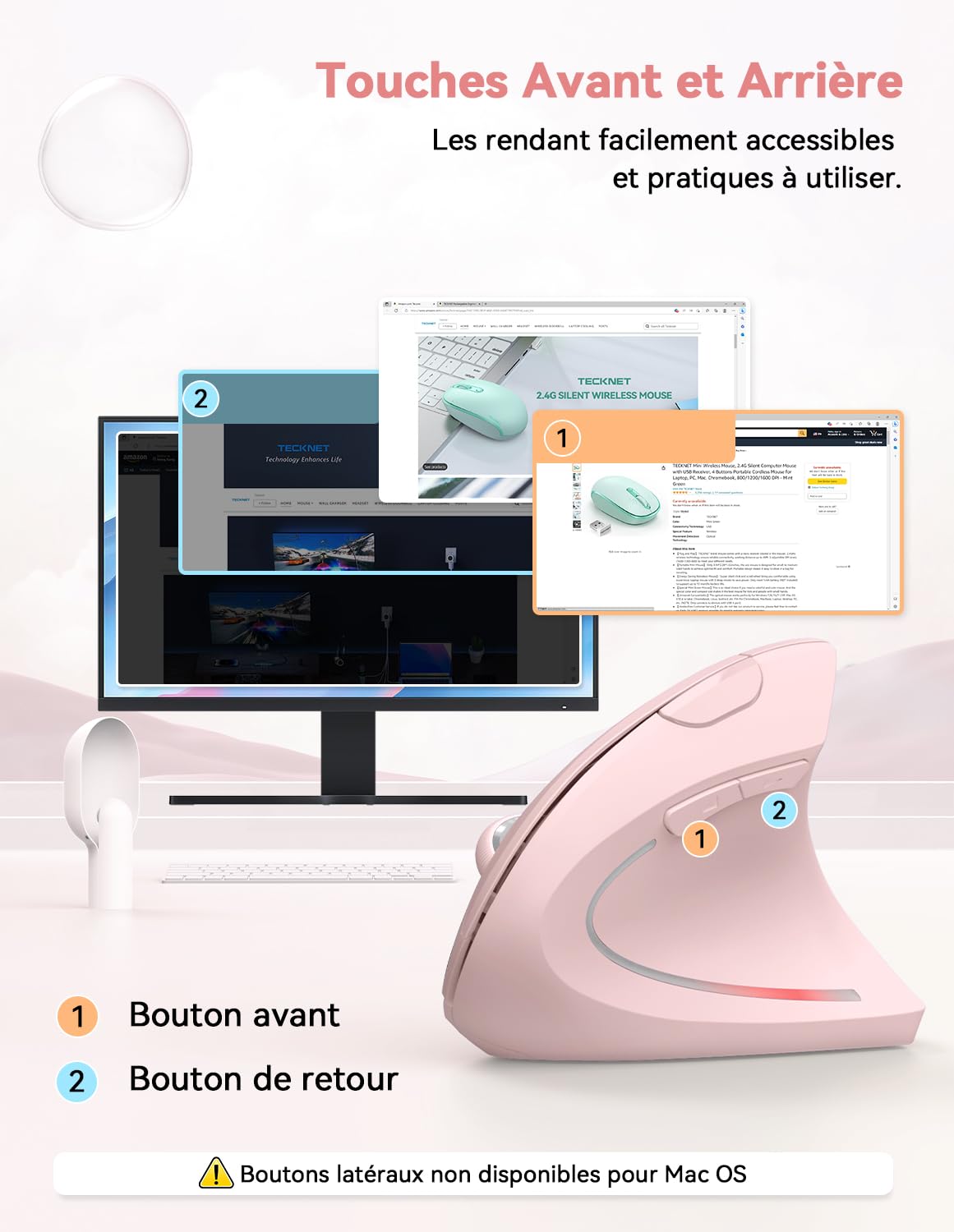 TECKNET Souris Verticale, 4800 DPI Souris sans Fil Ergonomique, Protège Le Bras, Souris sans Fil 6 Boutons pour PC, Ordinateur Portable, Mac, Rose