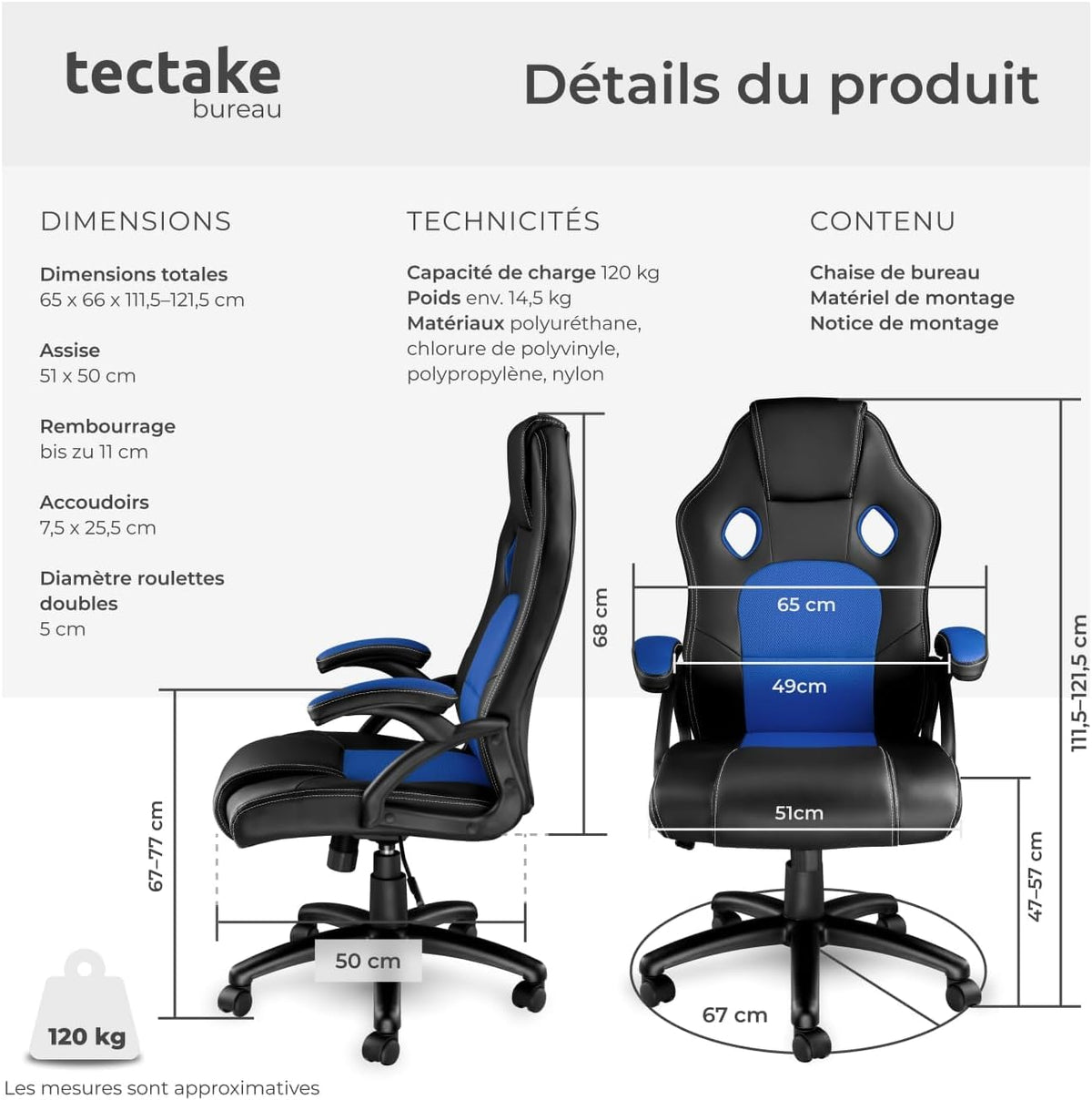 TecTake® Chaise de Bureau Fauteuil de Bureau Fauteuil pivotant Design Chaise Gaming, Siege Ergonomique, Fauteuil avec Accoudoirs, Rembourrage épais, Roulette, Hauteur réglable Teletravail