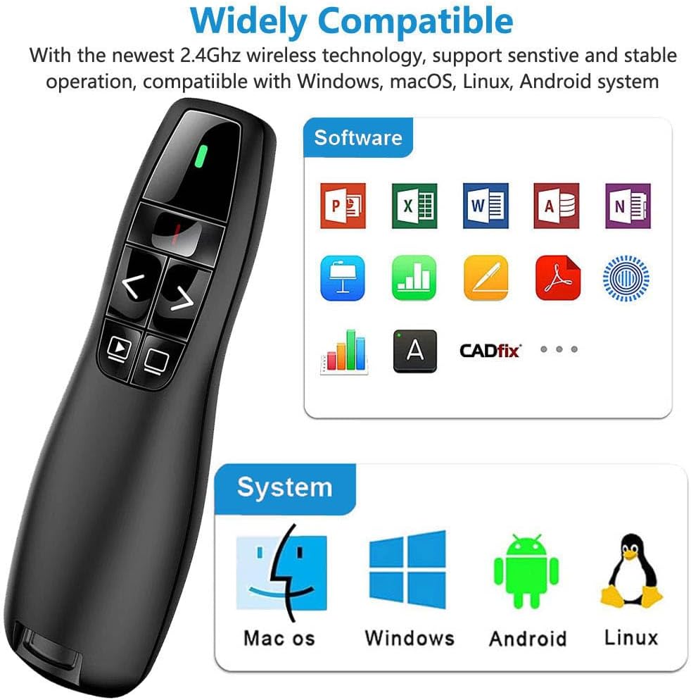 Présentateur Sans Fil 2,4 GHz – Pointeur Laser, 5 Boutons, 100 m, Plug & Play – PowerPoint, Google Slides, Keynote, PC & Mac