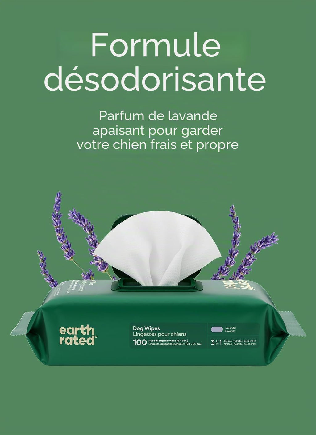 Earth Rated Lingettes hypoallergéniques pour Chiens, nettoyantes et Anti-odeurs, pour Pattes, Corps et arrière-Train, parfaites pour Chiots et Chiens Adultes, sans Parfum, 100 lingettes