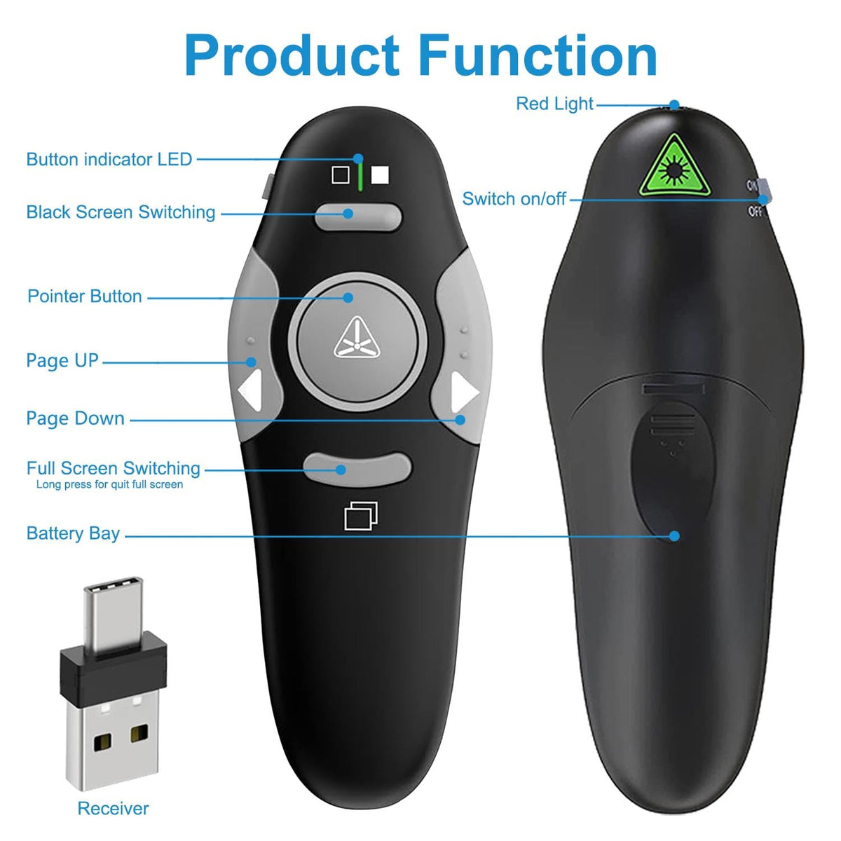 Présentateur Sans Fil 2,4 GHz – Pointeur Laser, 5 Boutons, 100 m, Plug & Play – PowerPoint, Google Slides, Keynote, PC & Mac