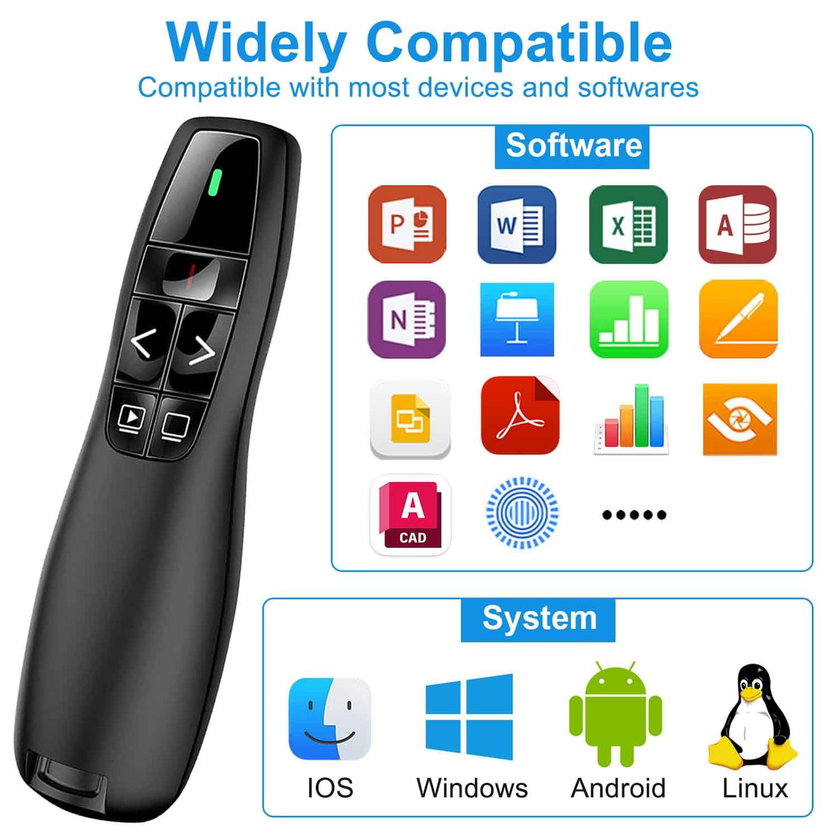 Présentateur Sans Fil 2,4 GHz – Pointeur Laser, 5 Boutons, 100 m, Plug & Play – PowerPoint, Google Slides, Keynote, PC & Mac