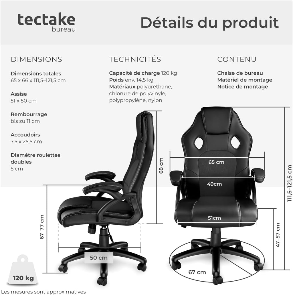 TecTake® Chaise de Bureau Fauteuil de Bureau Fauteuil pivotant Design Chaise Gaming, Siege Ergonomique, Fauteuil avec Accoudoirs, Rembourrage épais, Roulette, Hauteur réglable Teletravail