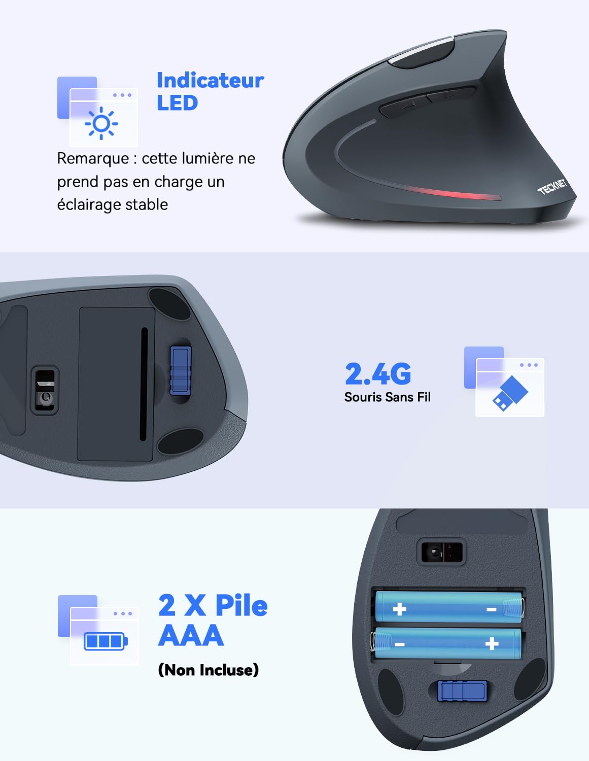 TECKNET Souris Verticale, 4800 DPI Souris sans Fil Ergonomique, Protège Le Bras, Souris sans Fil 6 Boutons pour PC, Ordinateur Portable, Mac, Rose