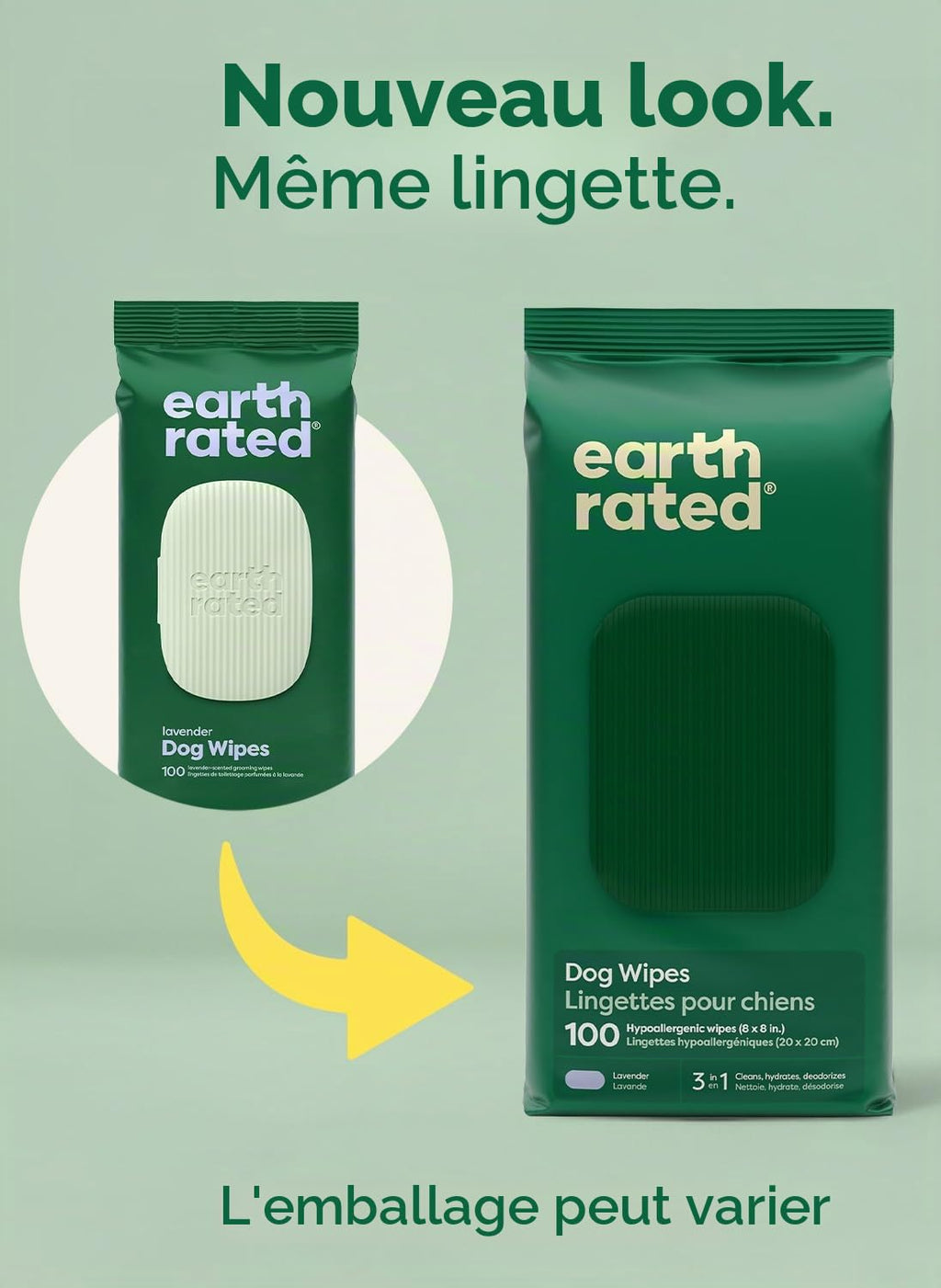 Earth Rated Lingettes hypoallergéniques pour Chiens, nettoyantes et Anti-odeurs, pour Pattes, Corps et arrière-Train, parfaites pour Chiots et Chiens Adultes, sans Parfum, 100 lingettes