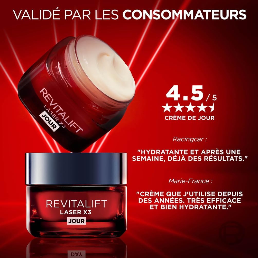 L'Oréal Paris Revitalift Laser X3 - Crème de Jour Anti-Âge FPS 25 - Acide Hyaluronique, Pro-Rétinol & Vitamine C - 50ml