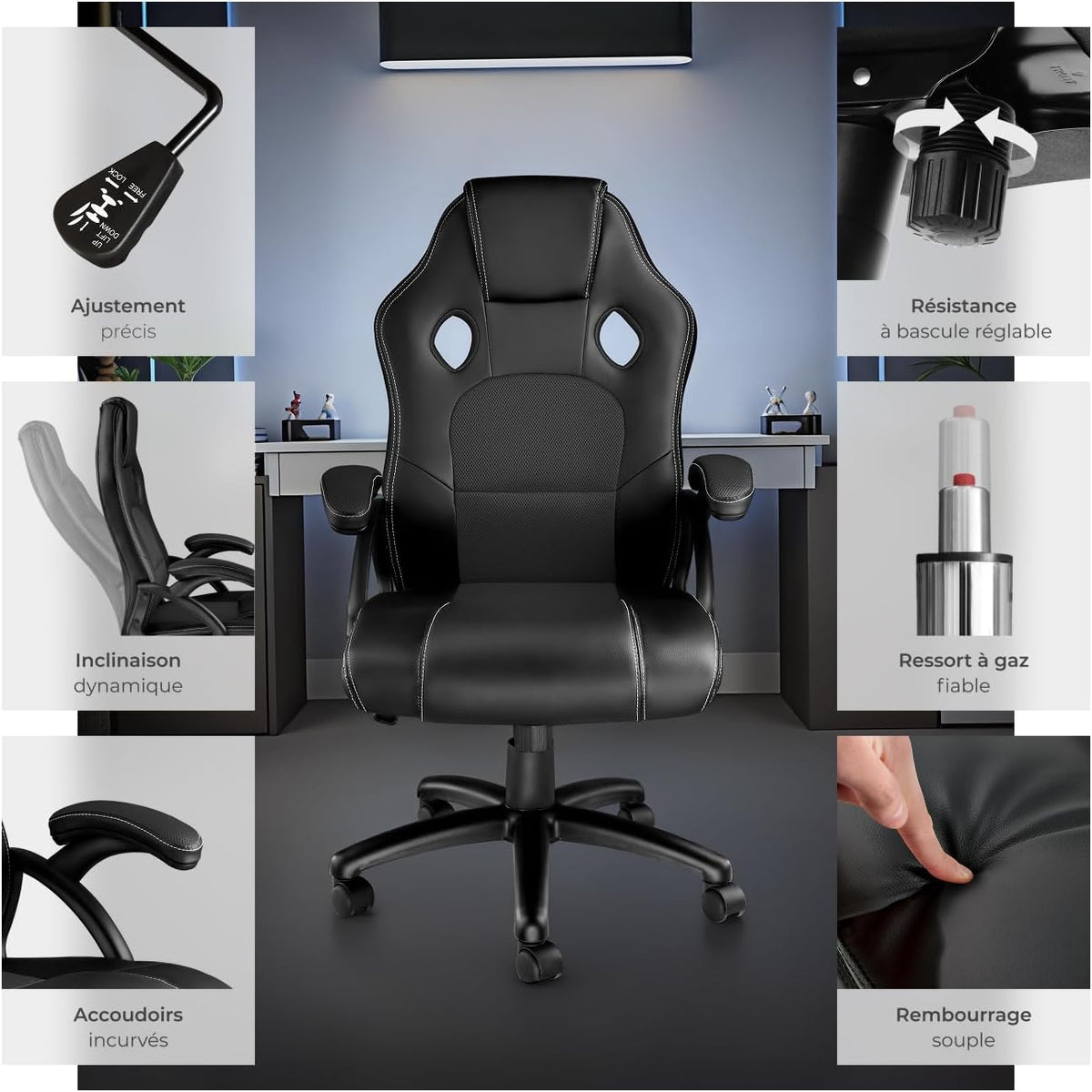 TecTake® Chaise de Bureau Fauteuil de Bureau Fauteuil pivotant Design Chaise Gaming, Siege Ergonomique, Fauteuil avec Accoudoirs, Rembourrage épais, Roulette, Hauteur réglable Teletravail