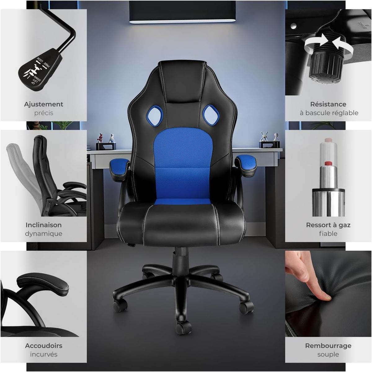 TecTake® Chaise de Bureau Fauteuil de Bureau Fauteuil pivotant Design Chaise Gaming, Siege Ergonomique, Fauteuil avec Accoudoirs, Rembourrage épais, Roulette, Hauteur réglable Teletravail