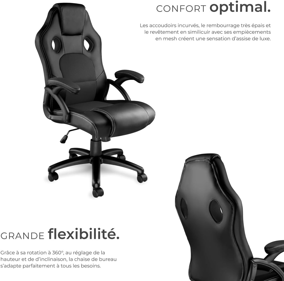 TecTake® Chaise de Bureau Fauteuil de Bureau Fauteuil pivotant Design Chaise Gaming, Siege Ergonomique, Fauteuil avec Accoudoirs, Rembourrage épais, Roulette, Hauteur réglable Teletravail
