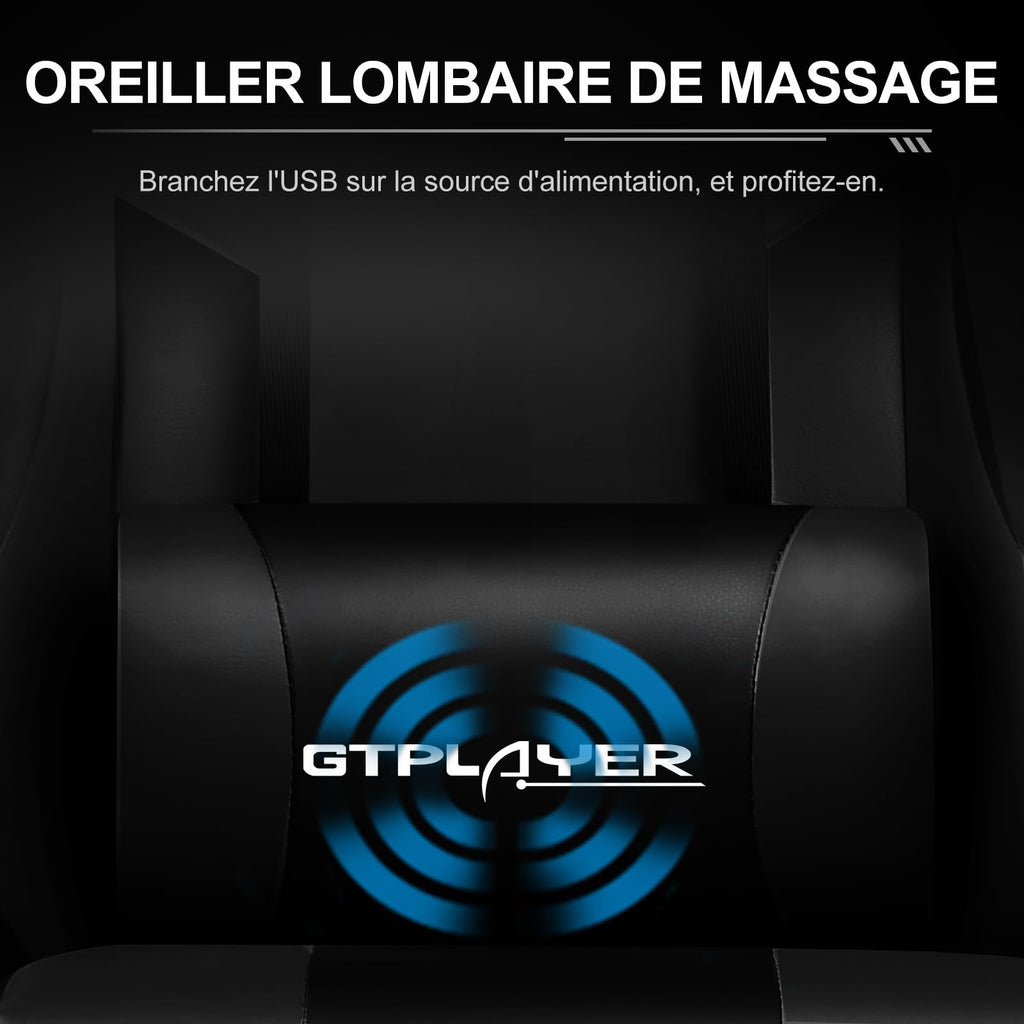 GTPLAYER Chaise Gaming Ergonomique, Fauteuil Gamer, Chaise Bureau, Dossier réglable à 135°, Hauteur Réglable, Repose-Pieds rétractables, Simili Cuir, Supporte 150 kg, Bleu