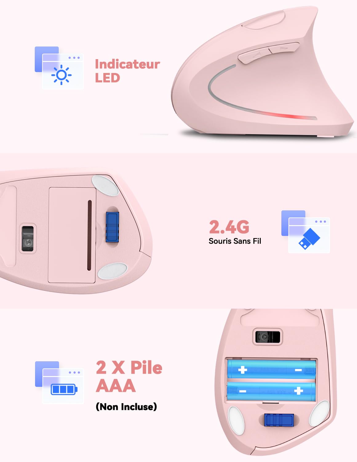 TECKNET Souris Verticale, 4800 DPI Souris sans Fil Ergonomique, Protège Le Bras, Souris sans Fil 6 Boutons pour PC, Ordinateur Portable, Mac, Rose