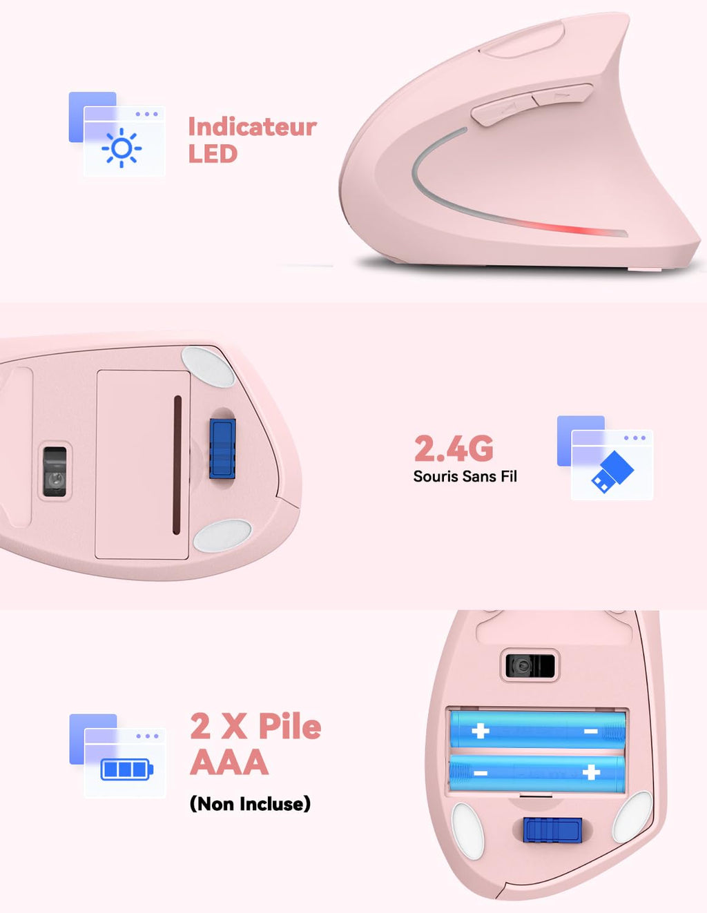 TECKNET Souris Verticale, 4800 DPI Souris sans Fil Ergonomique, Protège Le Bras, Souris sans Fil 6 Boutons pour PC, Ordinateur Portable, Mac, Rose