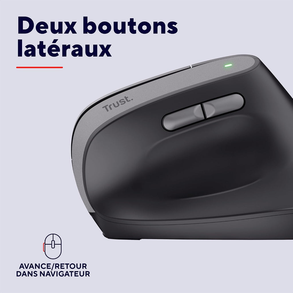 Trust Yuno Souris Ergonomique Verticale sans Fil Rechargeable – Angle 57°, 3 Mois Autonomie, Plastique Recyclé, PC & Mac