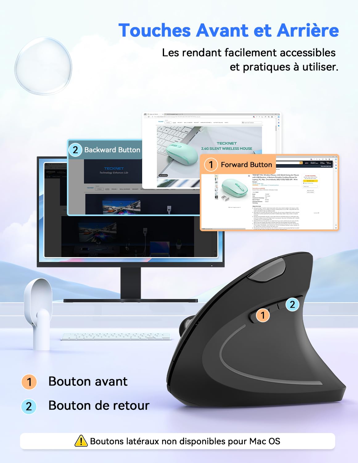 TECKNET Souris Verticale, 4800 DPI Souris sans Fil Ergonomique, Protège Le Bras, Souris sans Fil 6 Boutons pour PC, Ordinateur Portable, Mac, Rose