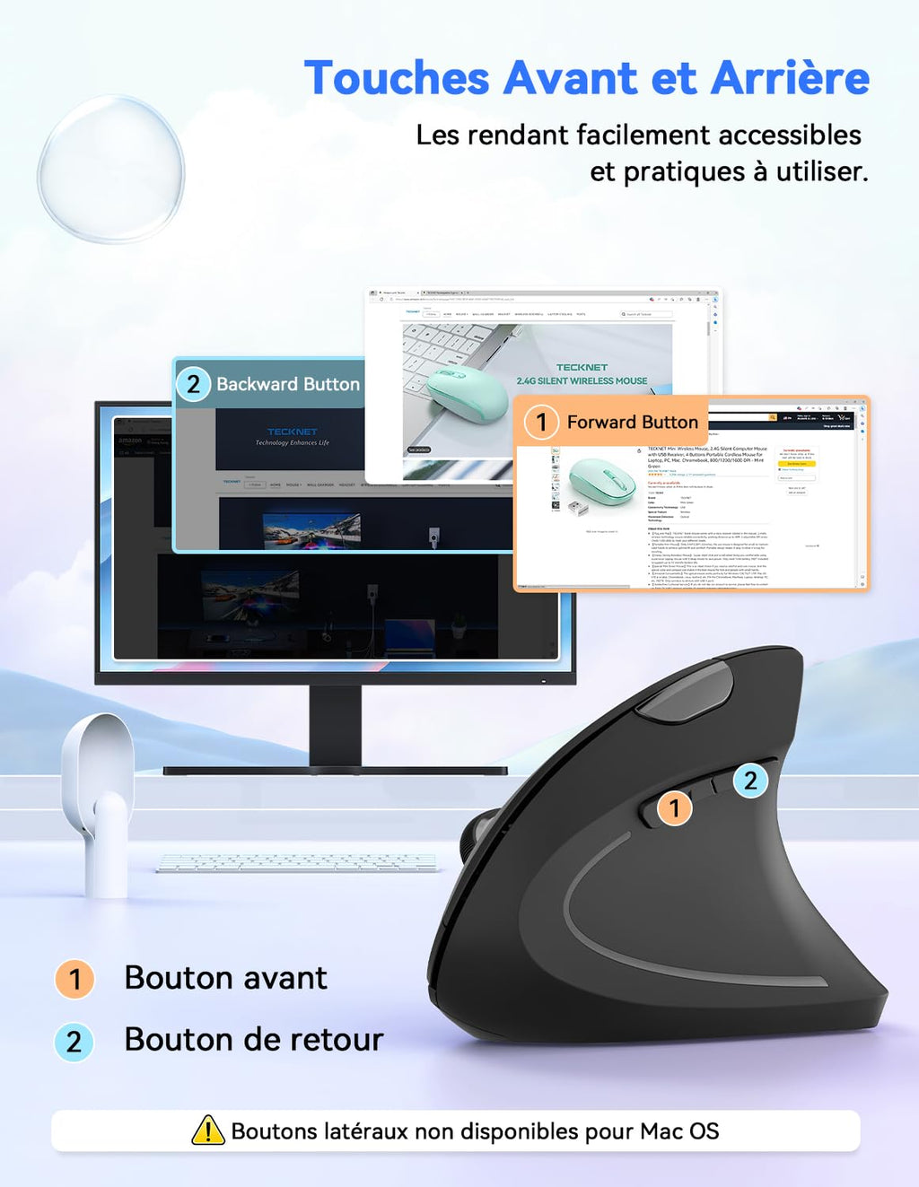 TECKNET Souris Verticale, 4800 DPI Souris sans Fil Ergonomique, Protège Le Bras, Souris sans Fil 6 Boutons pour PC, Ordinateur Portable, Mac, Rose