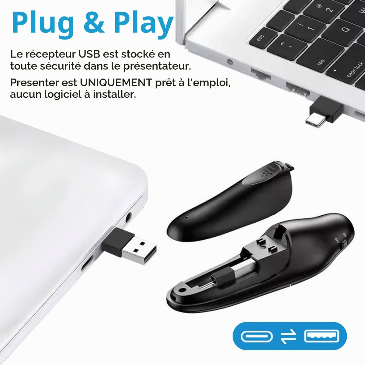 Présentateur Sans Fil 2,4 GHz – Pointeur Laser, 5 Boutons, 100 m, Plug & Play – PowerPoint, Google Slides, Keynote, PC & Mac
