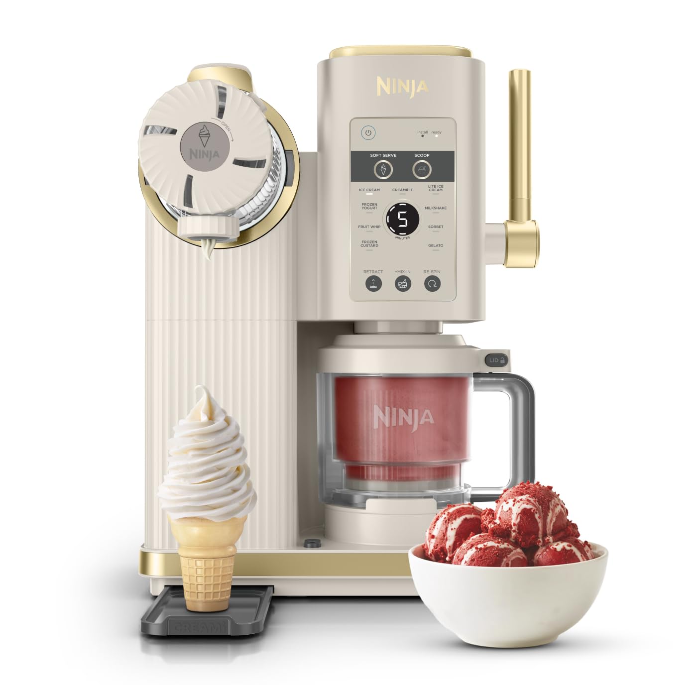 NINJA CREAMi Sorbetière Scoop and Swirl avec 2 pots, 13 modes pour réaliser crèmes glacées, glaces à l’italienne, gelatos, sorbets, milkshakes et plus, option Extra, Stone/Or NC701EUSTGD