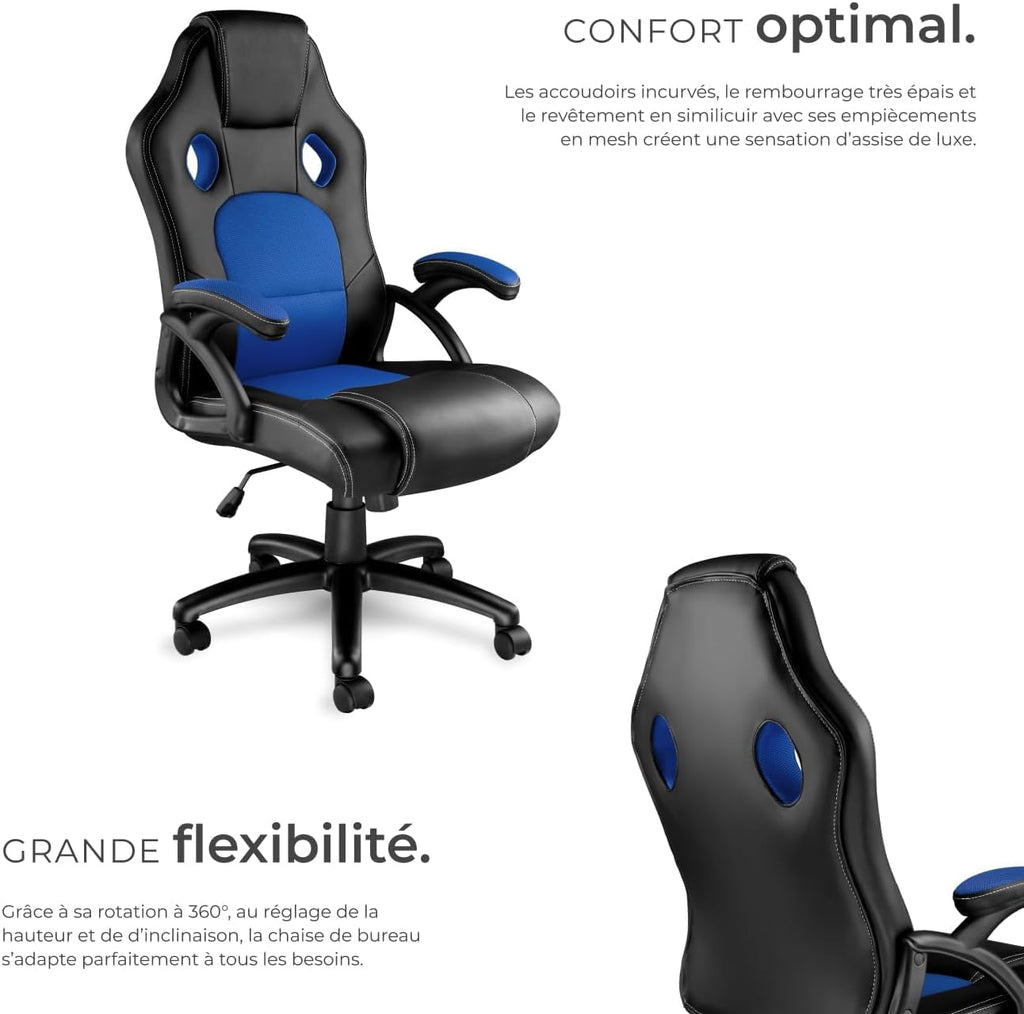 TecTake® Chaise de Bureau Fauteuil de Bureau Fauteuil pivotant Design Chaise Gaming, Siege Ergonomique, Fauteuil avec Accoudoirs, Rembourrage épais, Roulette, Hauteur réglable Teletravail