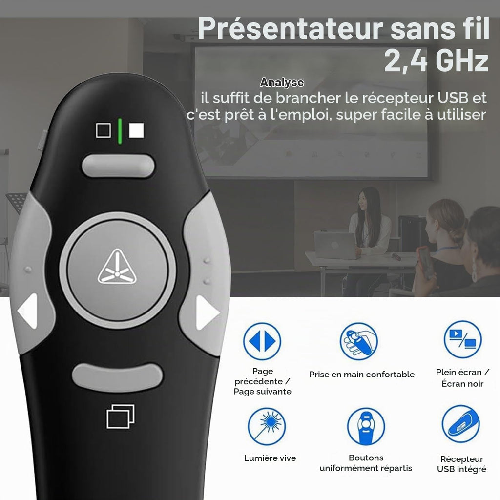Présentateur Sans Fil 2,4 GHz – Pointeur Laser, 5 Boutons, 100 m, Plug & Play – PowerPoint, Google Slides, Keynote, PC & Mac