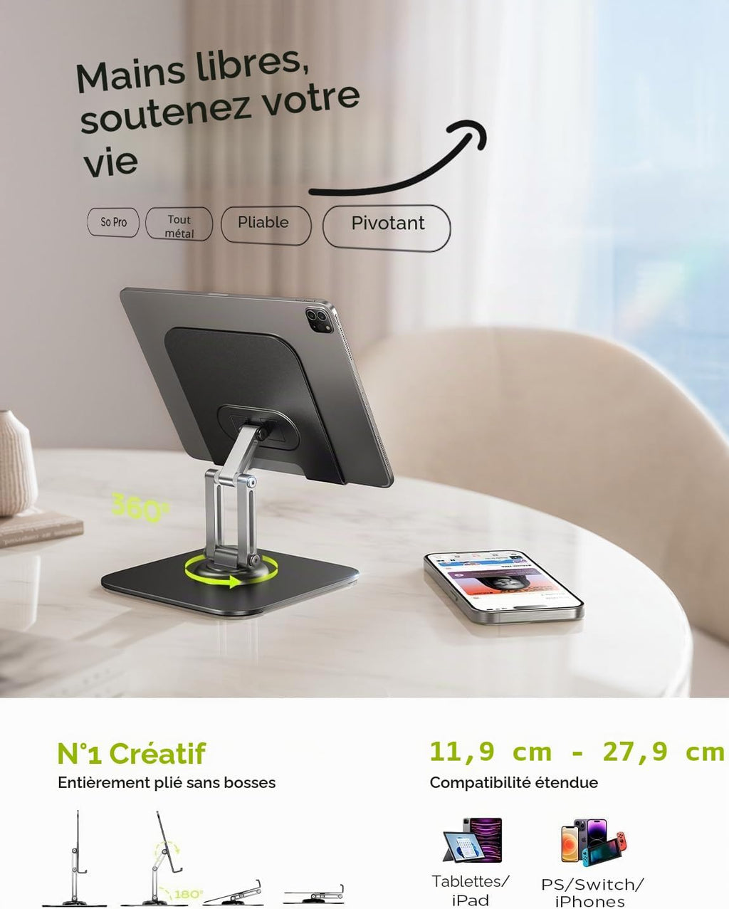 LISEN Support Tablette Bureau – Aluminium Réglable, Pliable, Compatible iPad Pro, Kindle, Samsung Tab 4,7"-13"