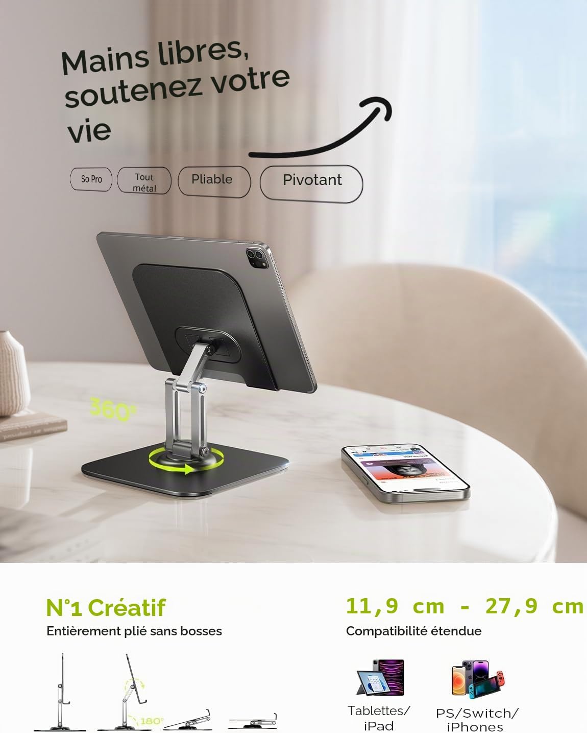 LISEN Support Tablette Bureau – Aluminium Réglable, Pliable, Compatible iPad Pro, Kindle, Samsung Tab 4,7"-13"